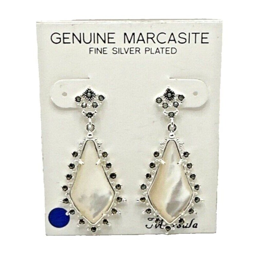 Marsala Earrings Genuine Marcasite Mother of Pearl Silver Plated Dangle NWT NOS